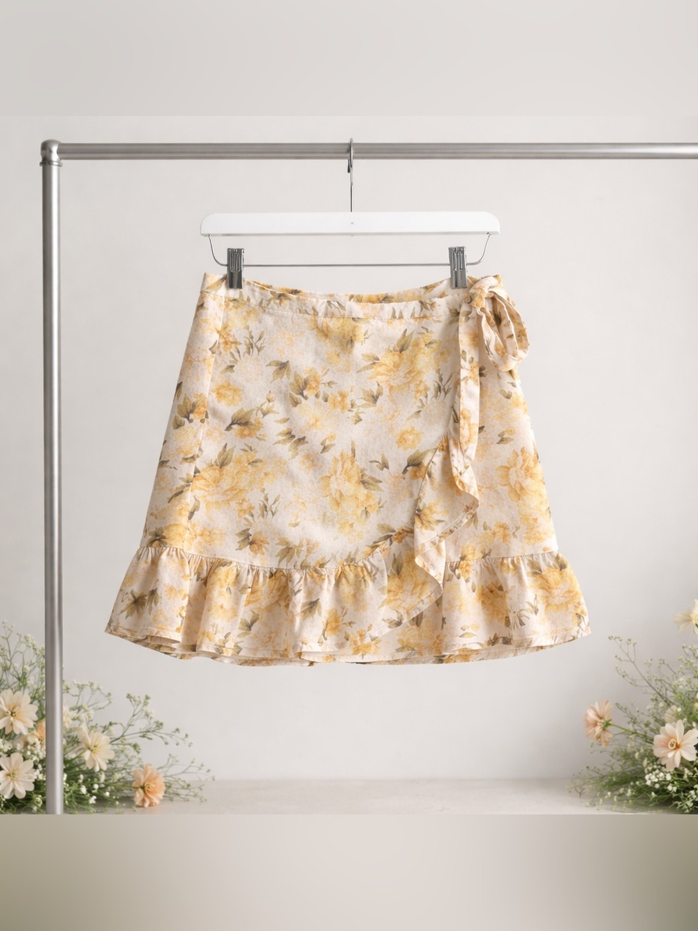 American Eagle Yellow Floral Ruffle Mini Wrap Skirt Cottagecore Romantic Small